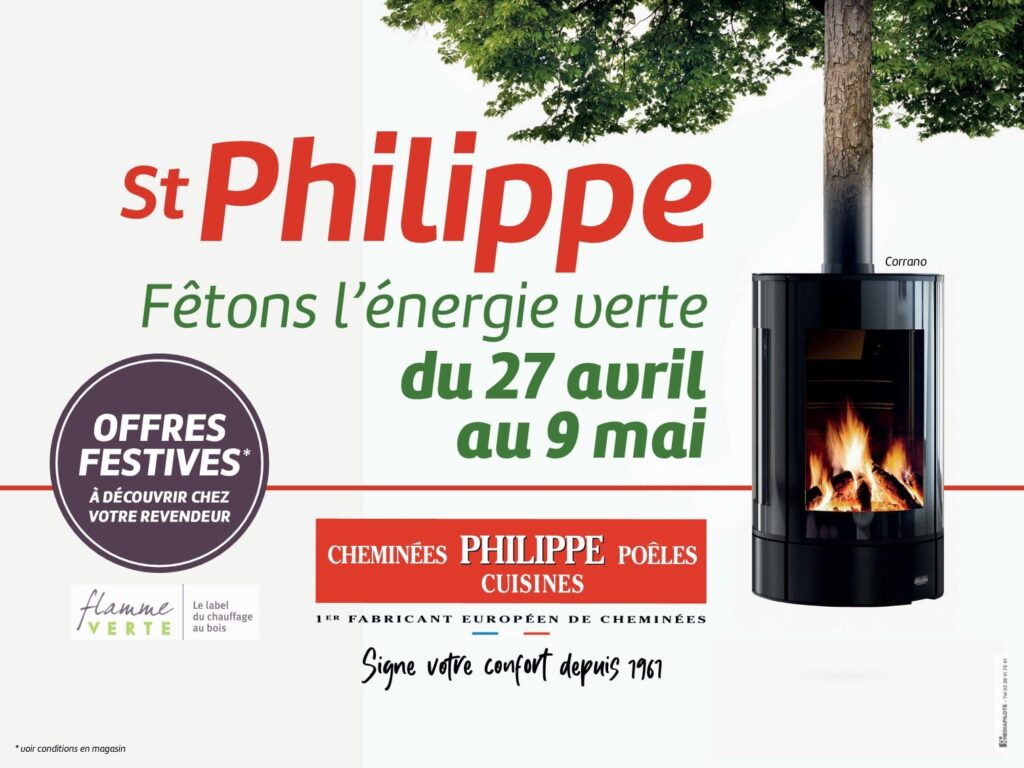 Ramonnement cheminée obligatoire : plaque et visuel publicitaire d’un appareil de chauffage au bois StPhilippe, énergie verte.
