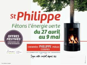 Ramonnement cheminée obligatoire : plaque et visuel publicitaire d’un appareil de chauffage au bois StPhilippe, énergie verte.