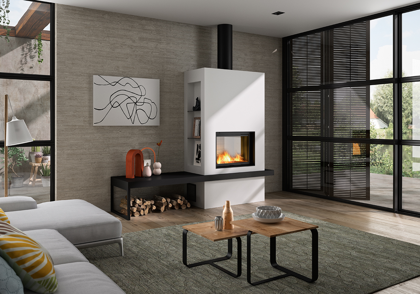 Salon moderne avec cheminée encastrée et bois de chauffage rangé sous le refend, intérieur lumineux et chaleureux. ramonage cheminée obligatoire intégré naturellement.