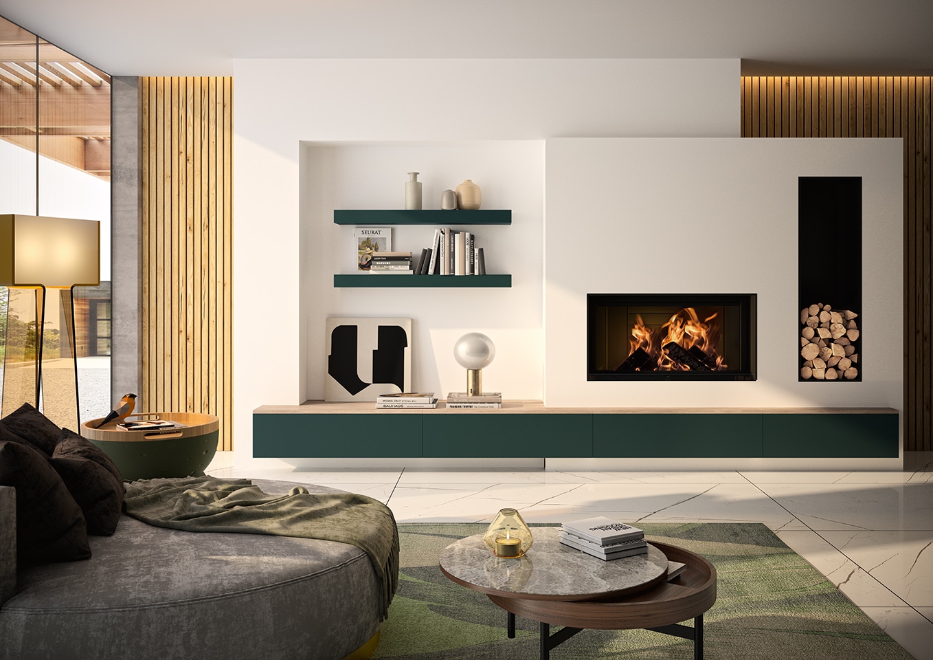 Salon moderne avec cheminée encastrée et rangement mural, ambiance chaleureuse et bois clair. Tubage cheminée non visible, décor contemporain.